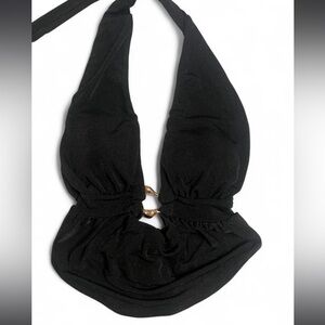 Y2K Style Black Halter Top with Gold Ring Detail Night Out